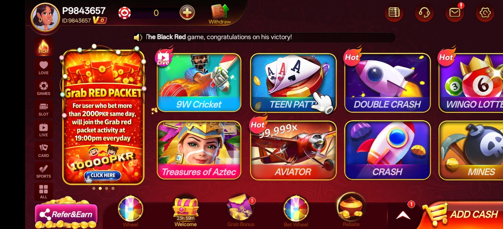 S9 Game app home lobby with featured slot games and red packet promotion