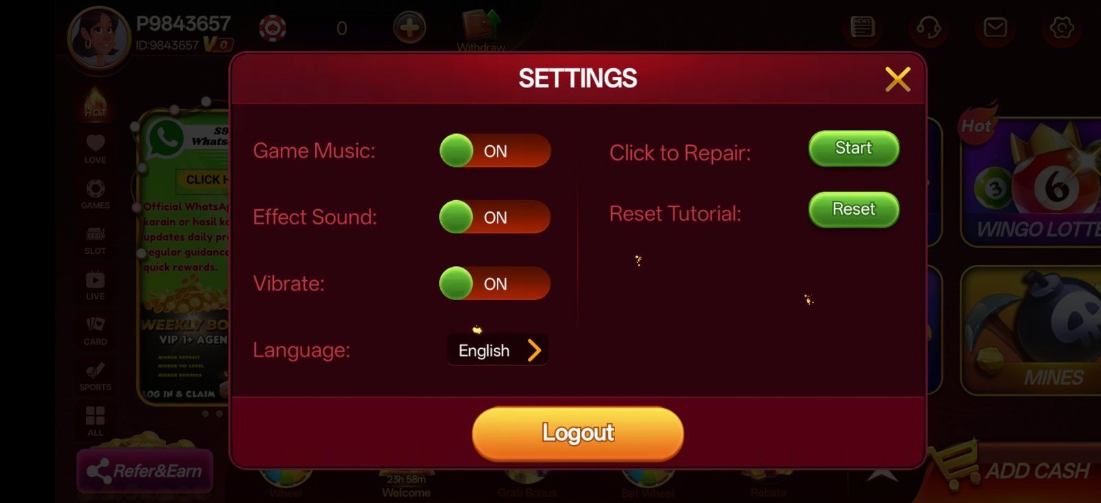 S9 Game account and settings panel