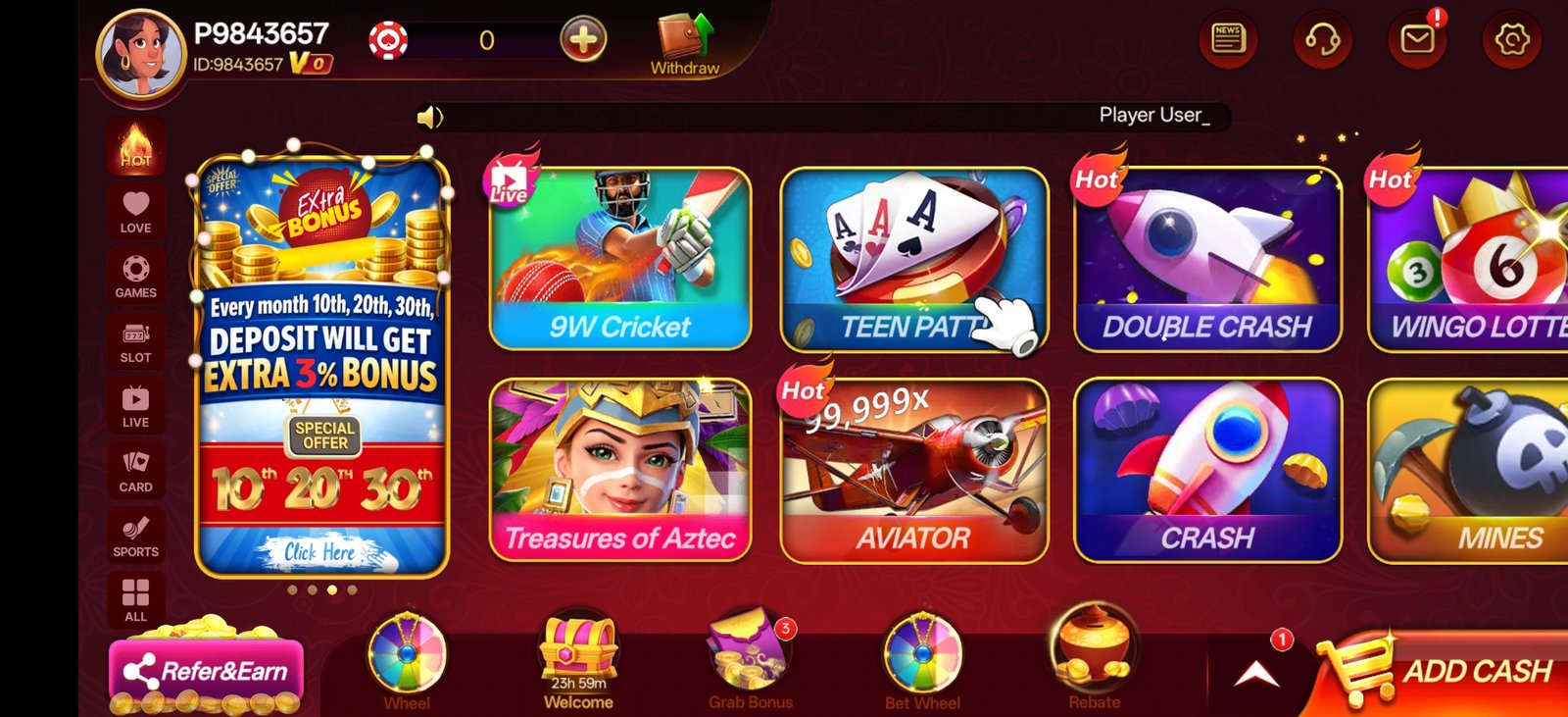 S9 Game daily bonus and cashback panel